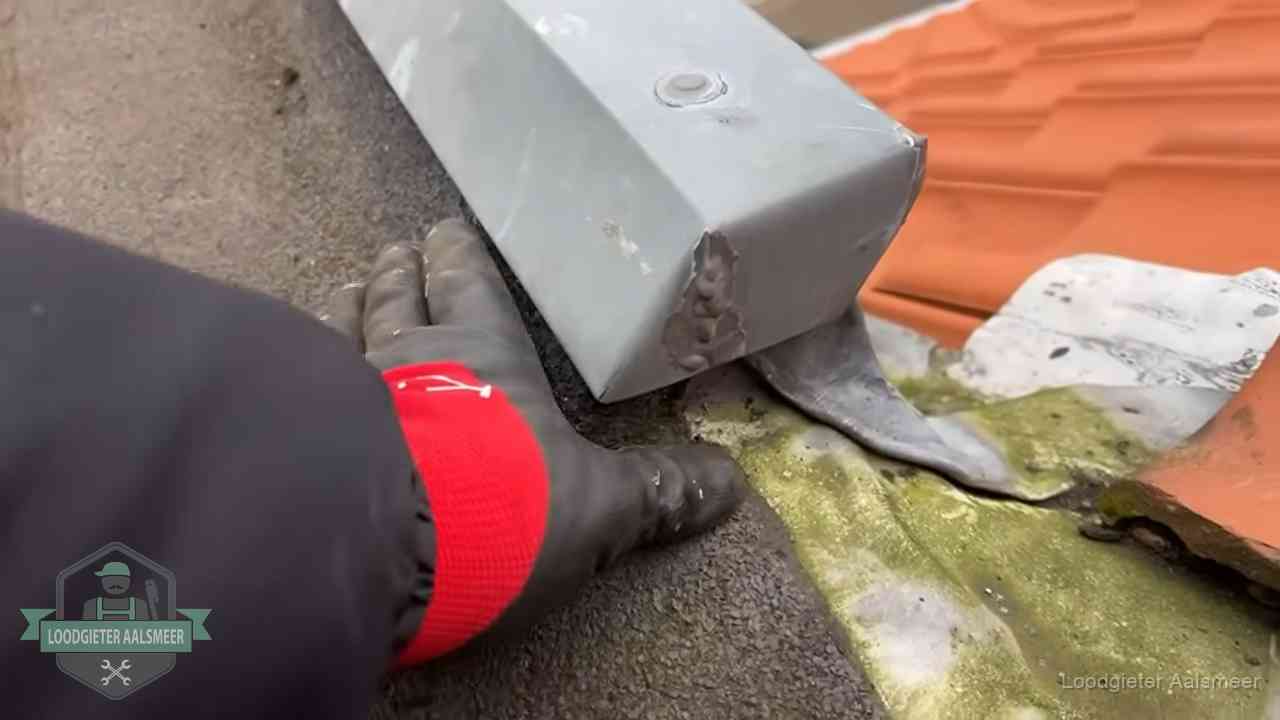 Controle van een zinken hemelwaterafvoer met loodslab bij dakpannen in Aalsmeer